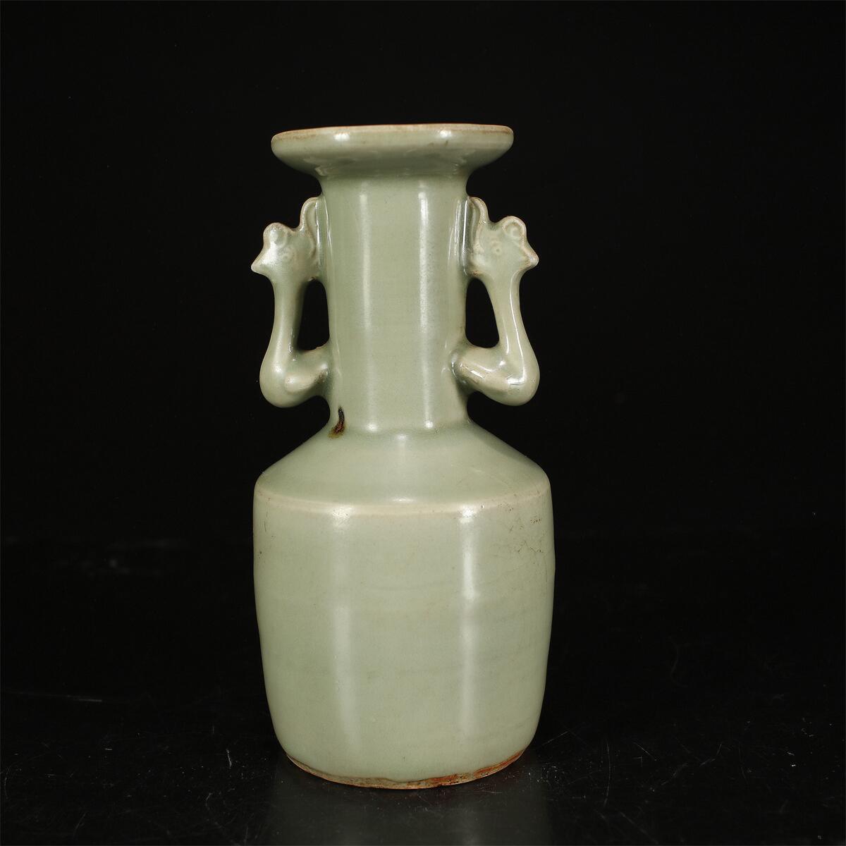 CB726 唐物【宋代龍泉窯】 青磁双耳花瓶/本物保証アマテあり箱付美品Y