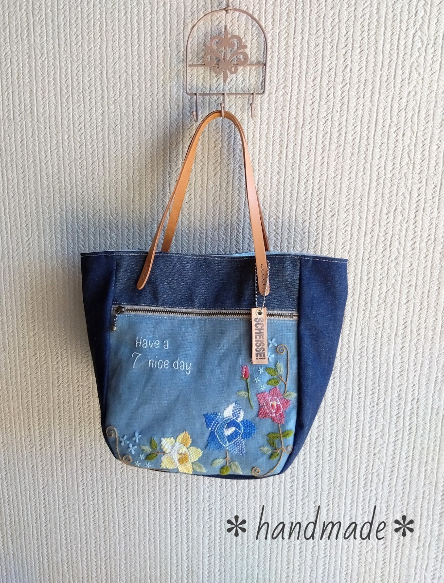 薔薇の刺繍*岡山デニム&リネン*リバティ*本革持ち手と本革チャーム