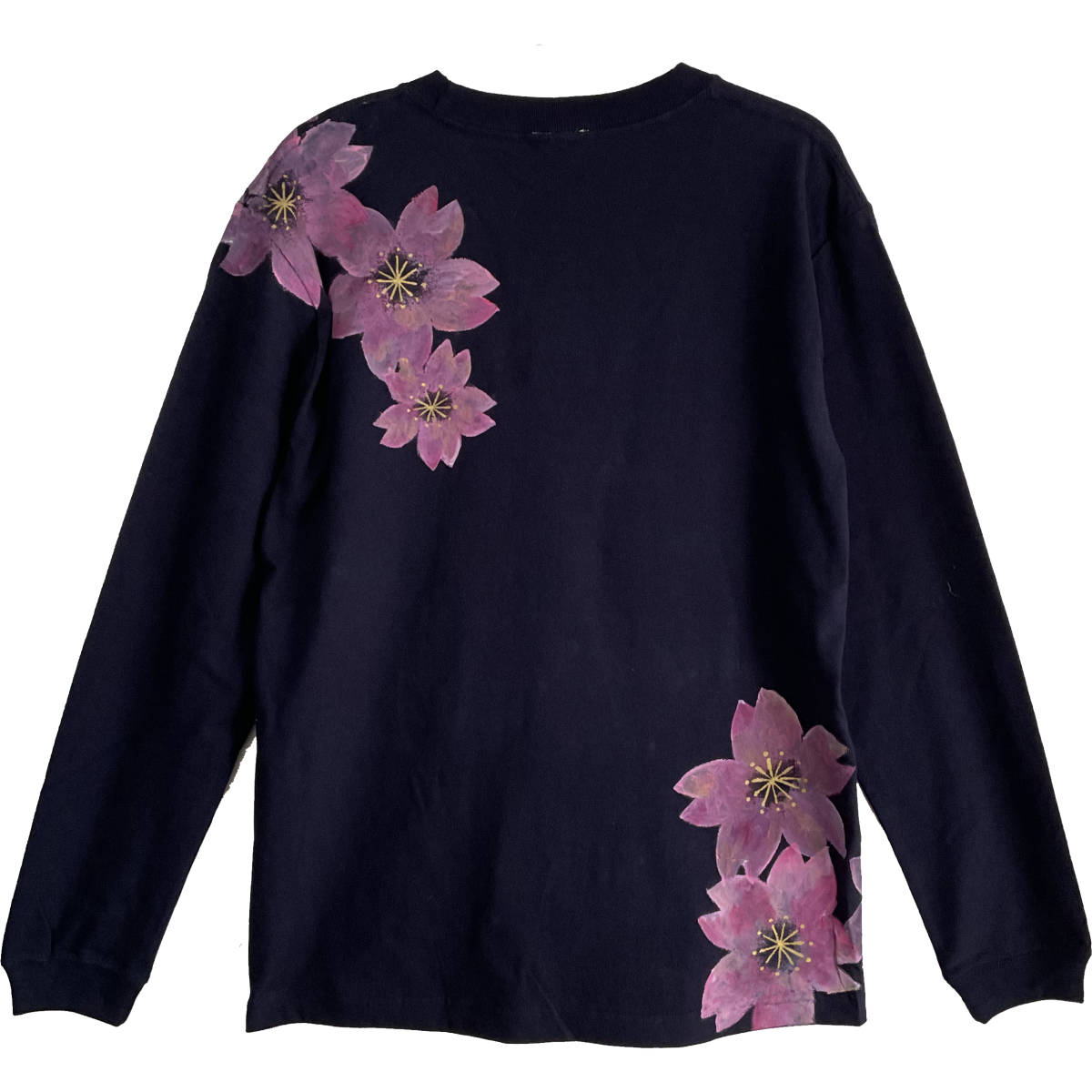 舞桜柄Tシャツ ネイビー Sサイズ 手描き長袖Tシャツ 袖リブ付き ロンT 花柄 和柄 ピンク