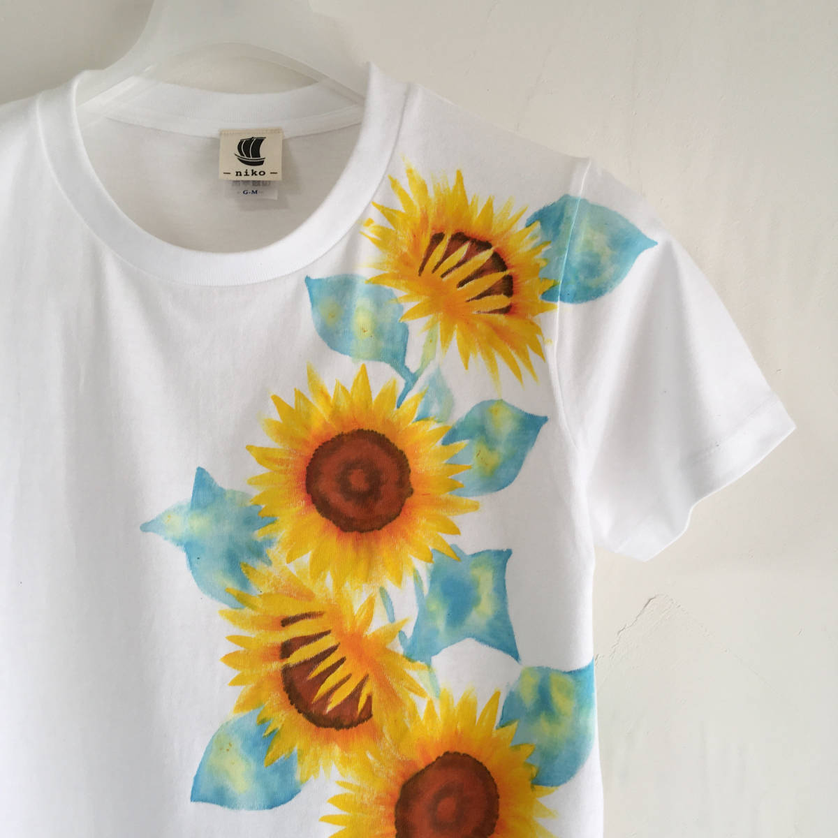  sunflower pattern T-shirt lady's L size hand ...... Mukou .. floral print T-shirt summer G-L
