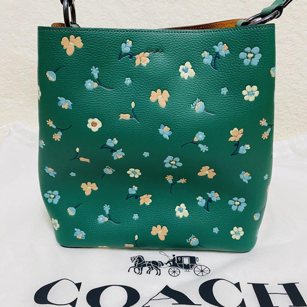 【新品同様】 COACH コーチ レザー フラワー 花柄 2WAY クロスボディ ショルダーバッグ レディース グリーン系 おしゃれ 入手困難 総柄