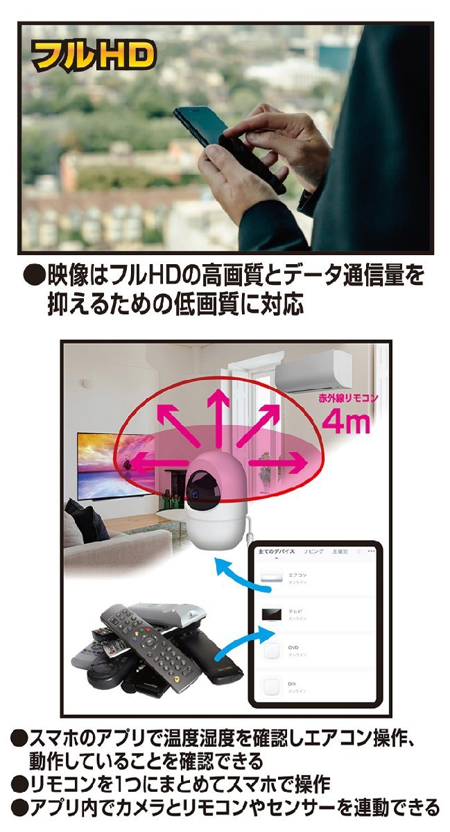 首振 巡航 スマートカメラ温湿度計搭載 スマートスイッチ搭載 カシムラ KJ-195 動体検知 夜間でも見える 自動追跡機能_画像4