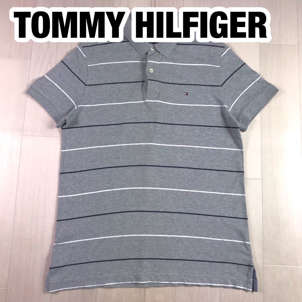 TOMMY HILFIGER トミー ヒルフィガー 半袖 ポロシャツ M ボーダー柄 マルチカラー グレー×ネイビー×ホワイト 刺繍ロゴの画像1