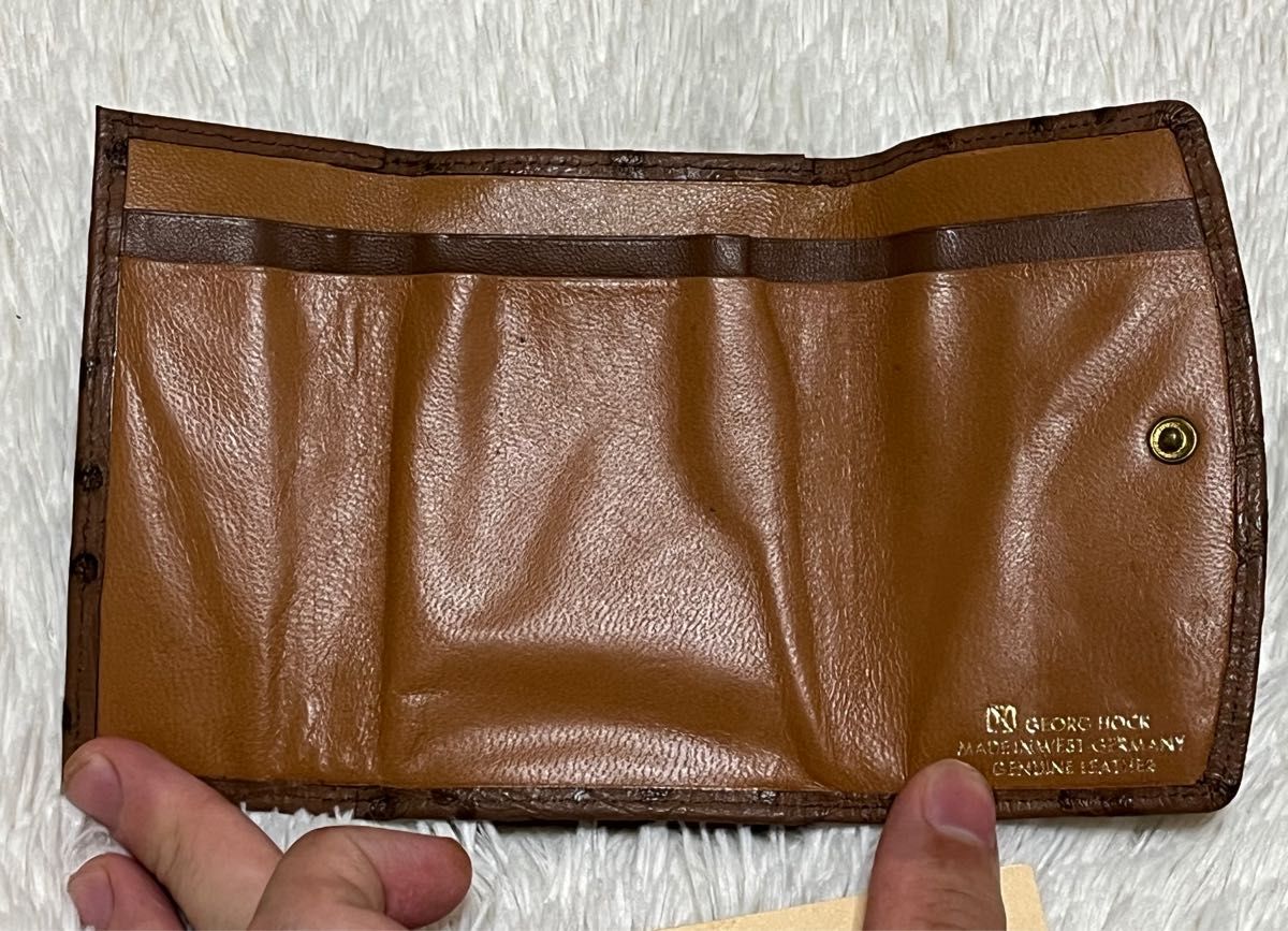 【未使用＆美品】 George Hock 2つ折り財布  オーストリッチ ダチョウ革 メンズ ブラウン 定価3万 箱付き