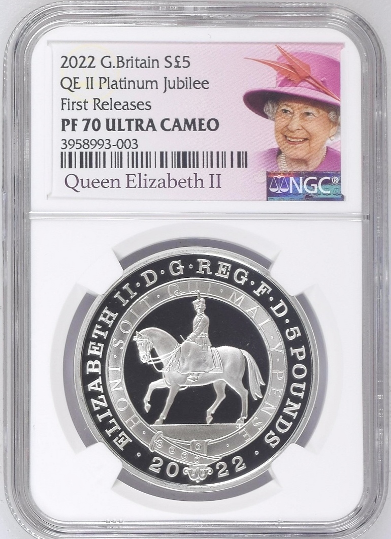 2022年 英国 イギリス プラチナジュビリー 5ポンド プルーフ 銀貨 NGC PF70 ULTRA CAMEO First Releases 女王ラベル_画像1