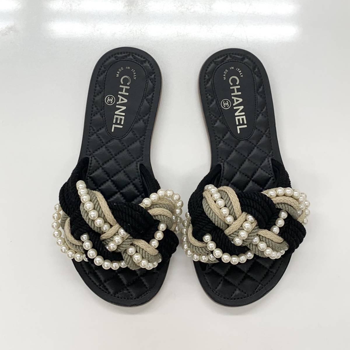 CHANEL フラットサンダル マトラッセ チェーン ブラック 夏新作 7695 シャネル レザー パール ロープ マトラッセ フラット