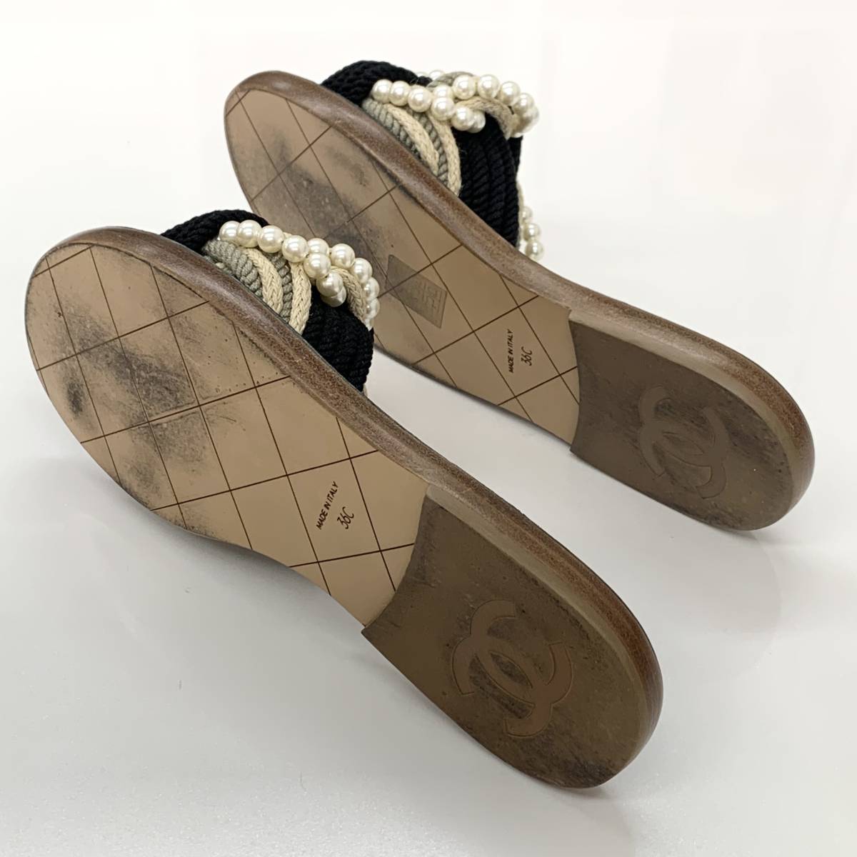 【プレゼントにも◎】シャネル フラットサンダル マトラッセ 7695 シャネル レザー パール ロープ マトラッセ フラット