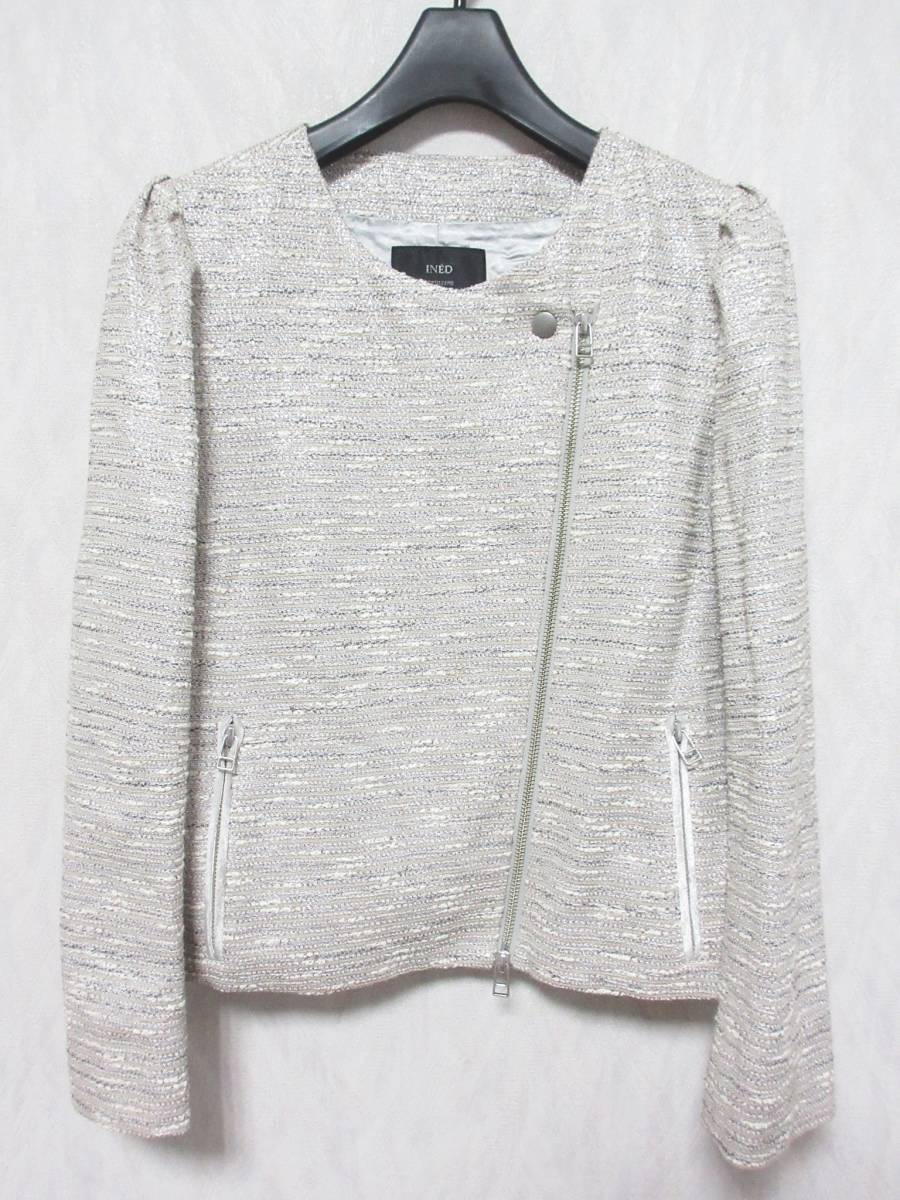 INED Ined no color jacket tweed lame puff sleeve spring autumn lady's 11 white beige group silver irmri kn1189