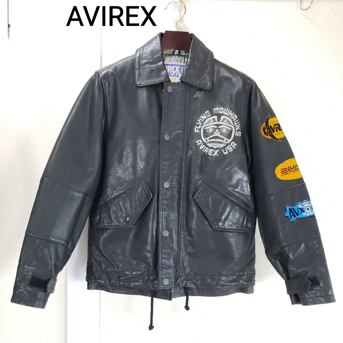 希少★AVIREX アヴィレックス ワッペン 牛革レザージャケット コーチジャケット フライトジャケット ミリタリー メンズ(M～XL位)黒ブラック