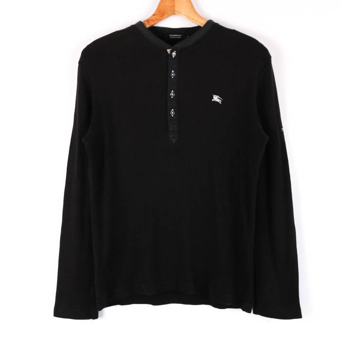 バーバリー Tシャツ 長袖 リブ コットン100% ノバチェック ホース刺繍 無地 トップス 黒 メンズ 2サイズ ブラック BURBERRY