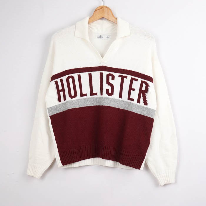 ホリスター ポロニット 長袖 袖リブ プルオーバー ロゴ カジュアル トップス レディース XSサイズ ホワイト Hollister_画像1