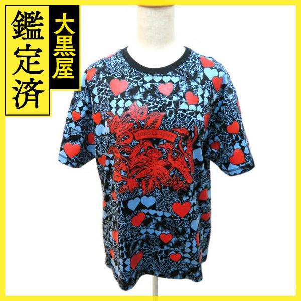 HERMES　エルメス　Tシャツ　レディース40　ブラック　ライトブルー　レッド　JUNGLE LOVE　ハート　コットン　【432】_画像1