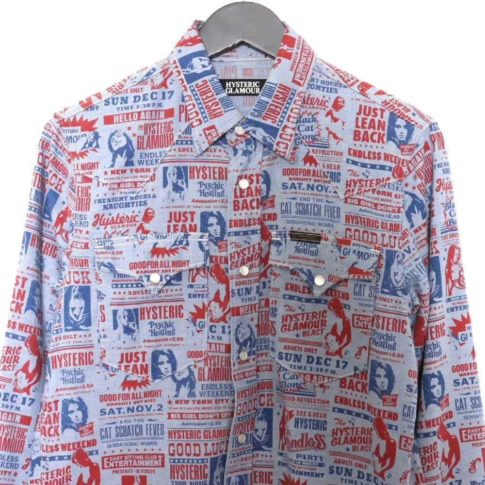 HYSTERIC GLAMOUR print design western shirt S size blue group 0224AH02 Hysteric Glamour 