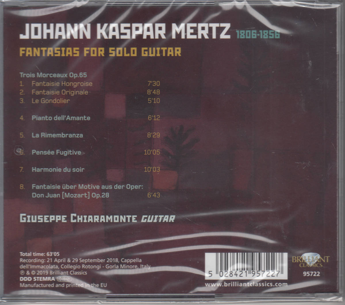 ◆新品・送料無料◆ヨハン・カスパール・メルツ：ギター独奏のための幻想曲集～ジュゼッペ・キアラモンテ Import L8988_画像2