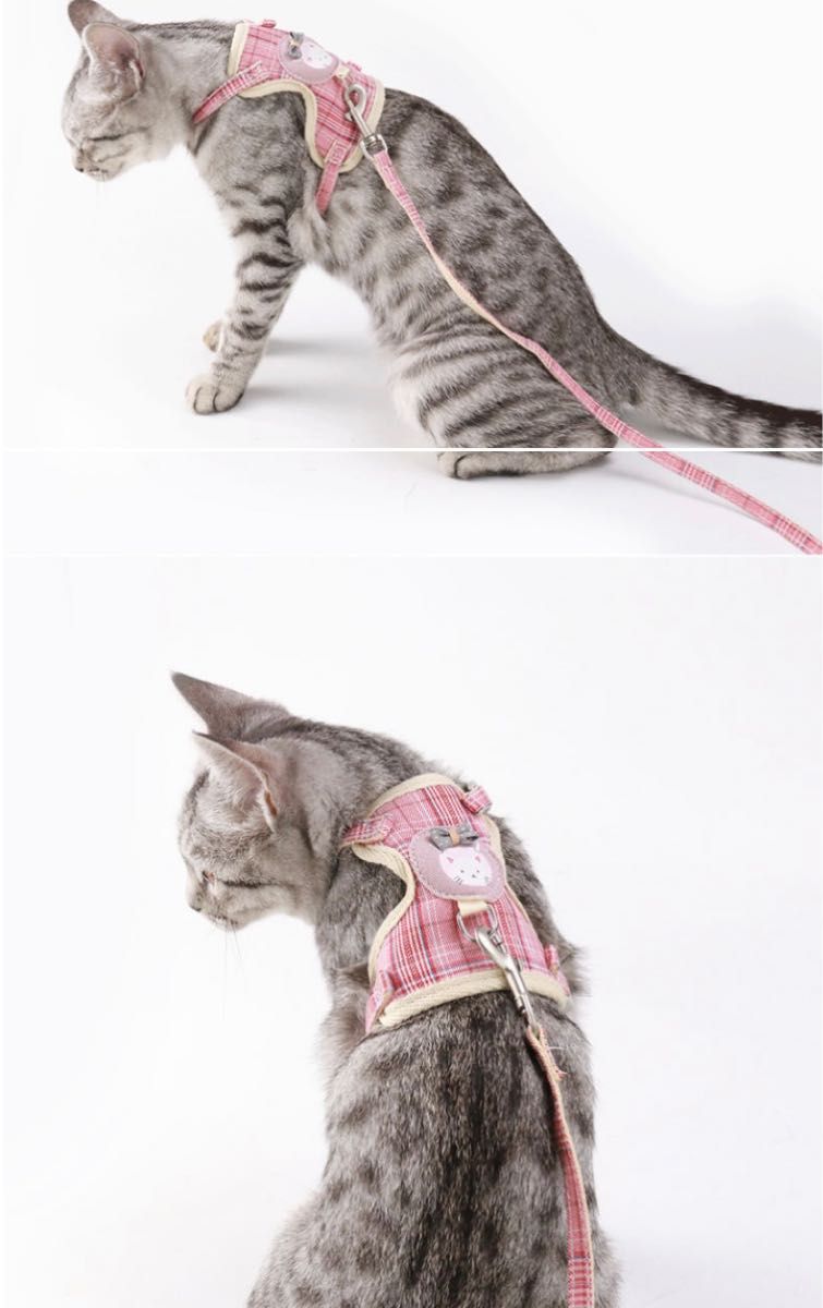【Lサイズ】裏面メッシュ　猫用ハーネス　可愛い　ネコ　リード付き　軽量　お散歩　 小型犬　ハーネス　Sサイズもある　ピンク　猫