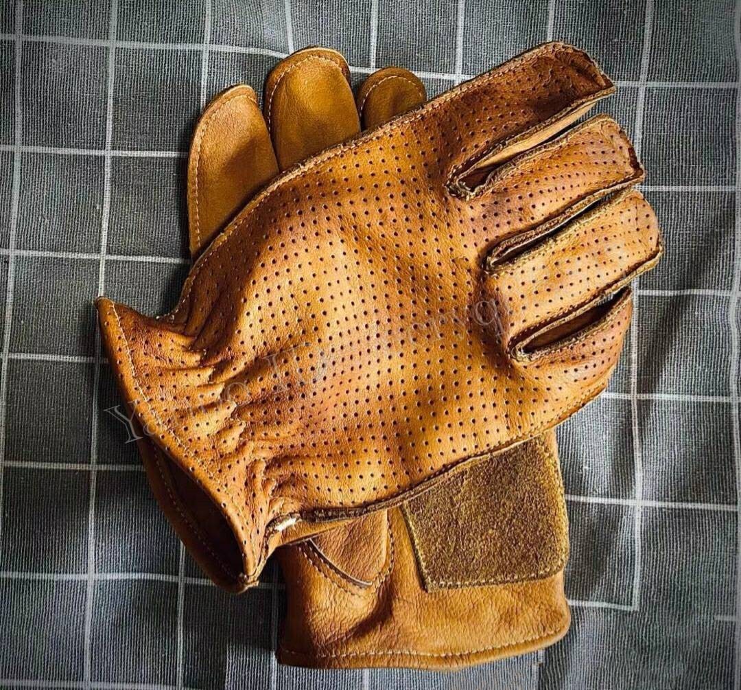 送料無料 ハンドメイド 銅製ブローチ 本革 手袋 グローブ バイカー 革