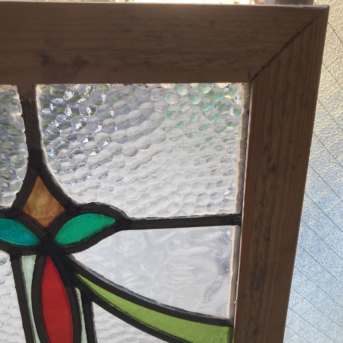 8s-1224 アンティークステンドグラス　吹きガラス/花草柄/格子柄　1920年代英国製/イギリス製
