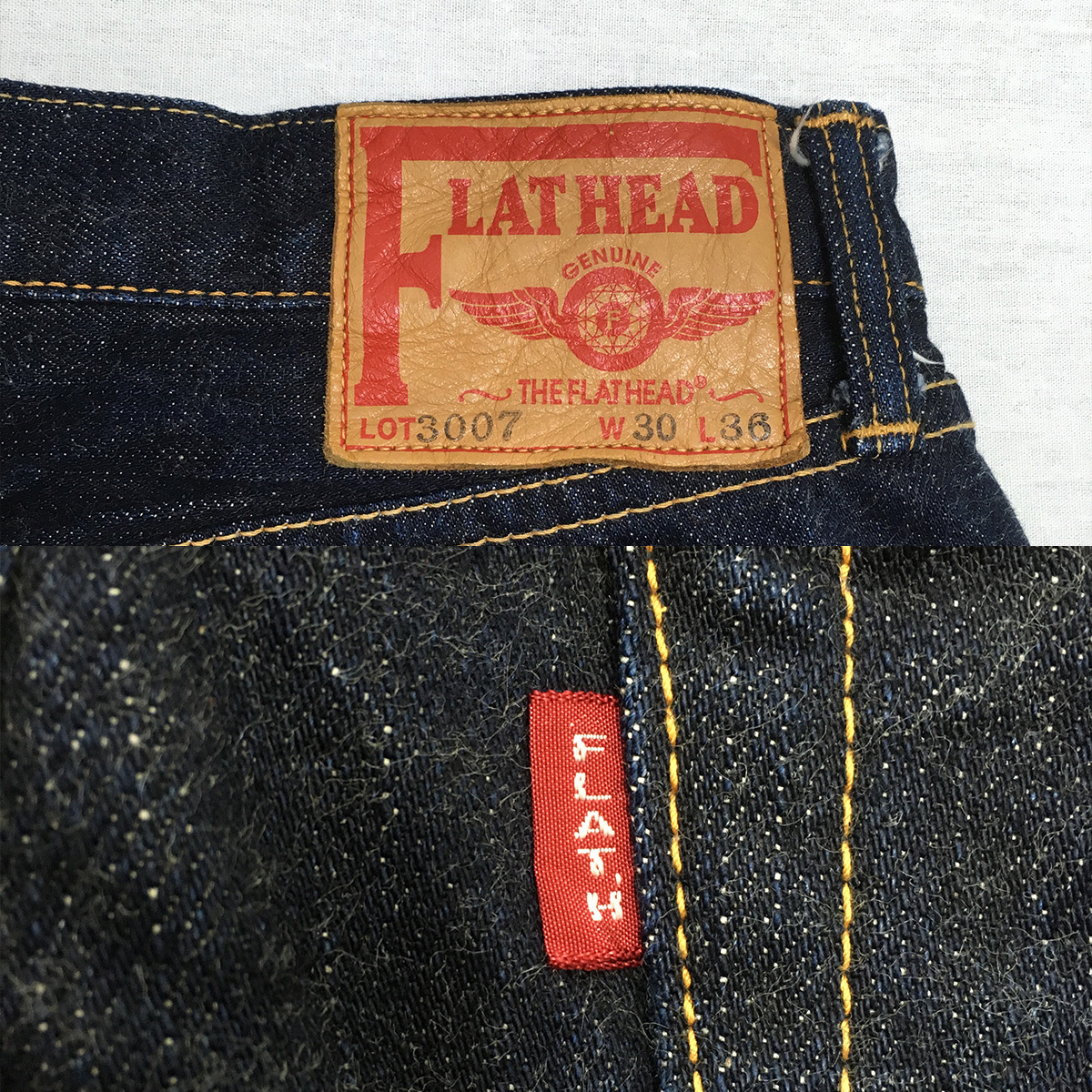 THE FLAT HEAD Flat Head 3007 made in Japan boots cut W30 L36 jeans Zip fly cell bichi leather patch 14.5oz red tab.. rivet 
