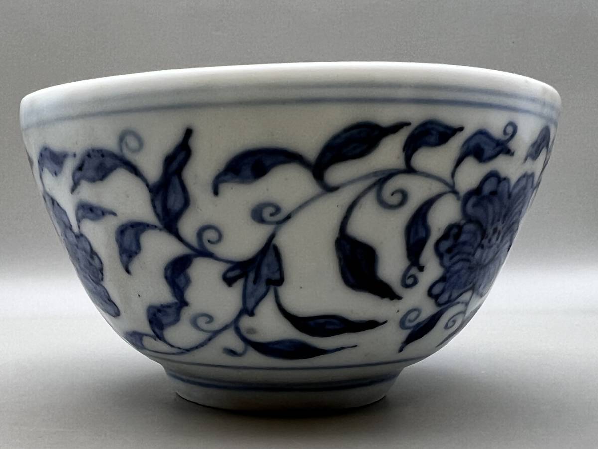 中國 清初時代 青花梵文蓮花紋茶杯 茶碗 茶道具-