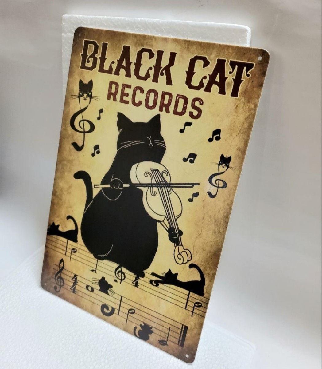 ブリキ看板　HANAKO　レトロ　猫の看板　T26　黒猫　バイオリン　音楽教室　スタジオ　ウェルカムボード_画像3