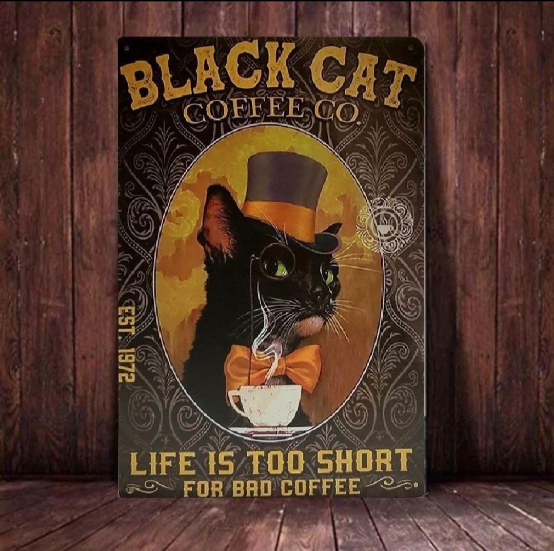 ブリキ看板 HANAKO レトロ 猫カフェ 猫の看板 L2 黒猫 トップハット イギリス紳士｜PayPayフリマ