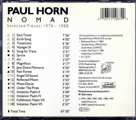 即決・送料無料(2点で)◆ポール・ホーン Paul Horn◆Nomad / Selected Pieces 1976-88◆Soul Travel Earth Song Transitions◆(a8397)の画像2