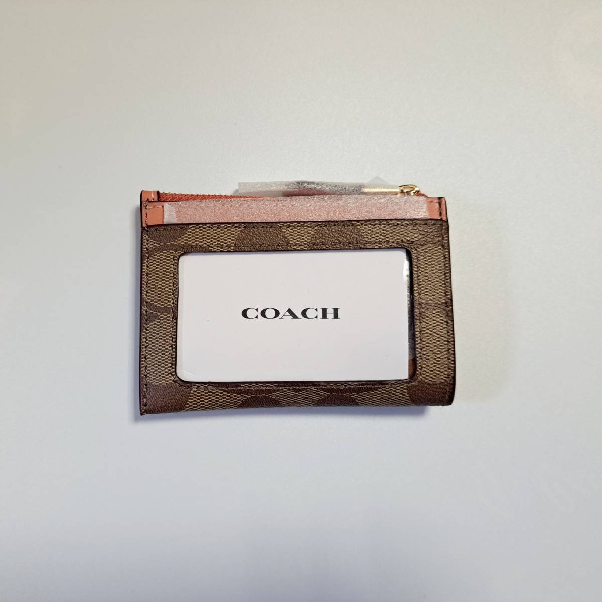 値下げしました！　正規品　新品　送料無料　コーチ COACH　キーリング コインケース カード カーキ×ライトコーラル 定期入れ パスケース