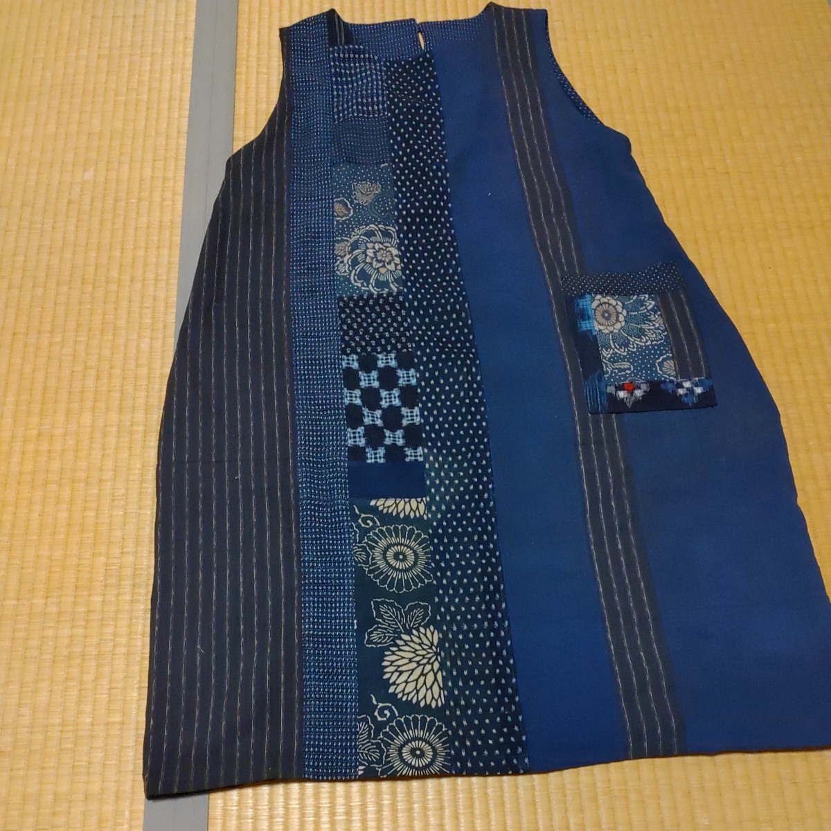 古布リメイク 藍染絣、型染め、縞木綿等からチュニックワンピース