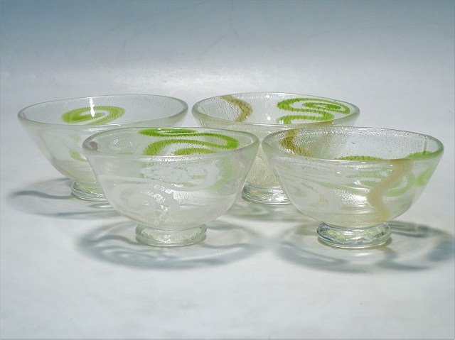 K08031【サイン有 工芸ガラス】手吹 硝子 金彩 小鉢 ボウル 器 4客