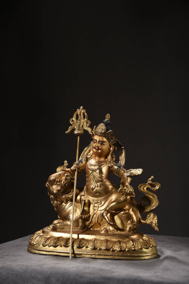 国内配送】 塗金 銅製 『館蔵珍品 財寶天王像』置物 中国古美術 収蔵品