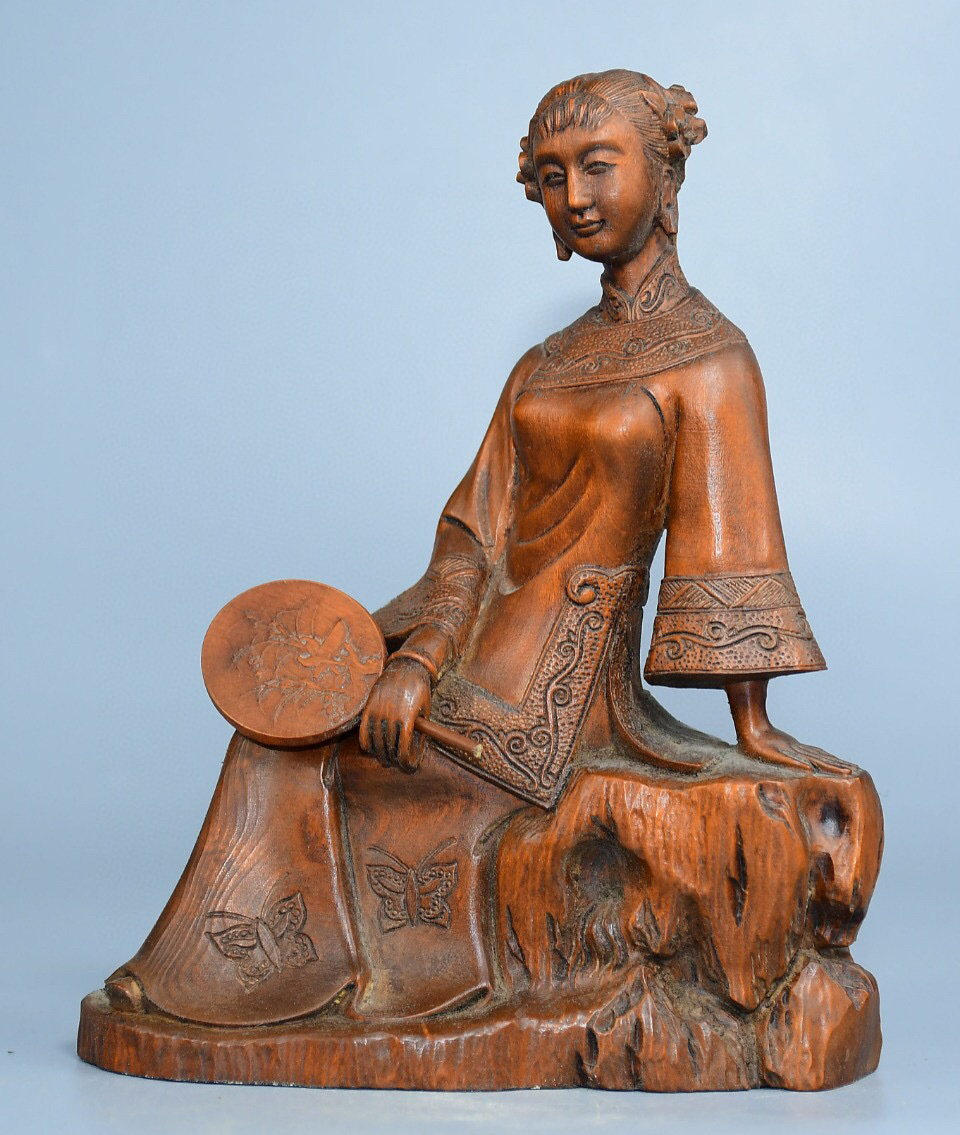館蔵珍品 黄楊木製 細密彫 扇子美女』置物 賞物 貴重物品 収蔵品 中国