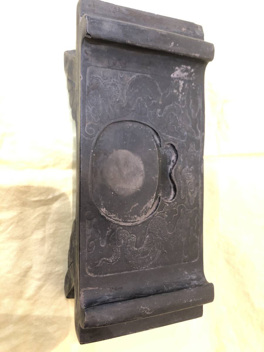 古端渓硯双龍紋文机硯乾隆甲午仲夏翁方綱書」清時代手彫り文房四宝書