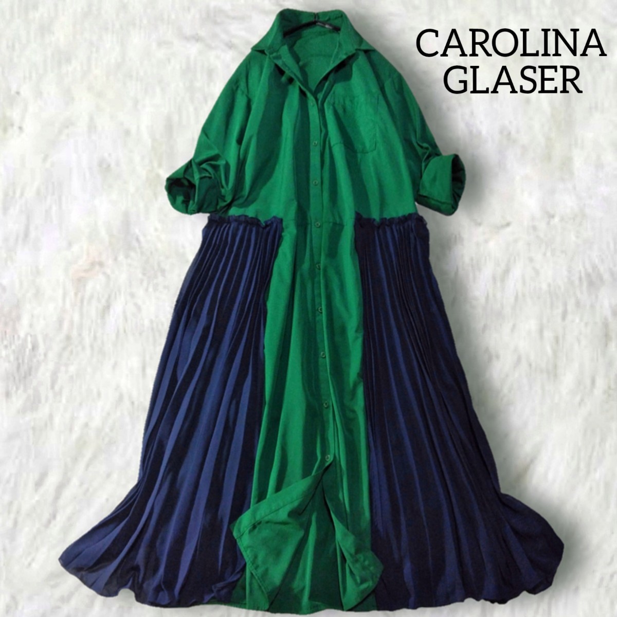 356 【CAROLINA GLASER】 カロリナグレイサー シャツワンピース ロングワンピース ゆったり プリーツ ドッキング 個性的 グリーン 緑 長袖