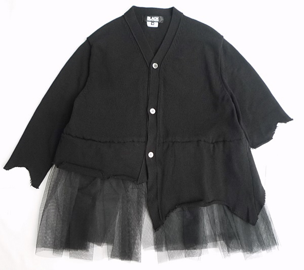 S4 2023SS BLACK COMME des GARCONS ブラック コムデギャルソン チュールレース レイヤード風 Vネック カーディガン 黒 今期 今季の画像1