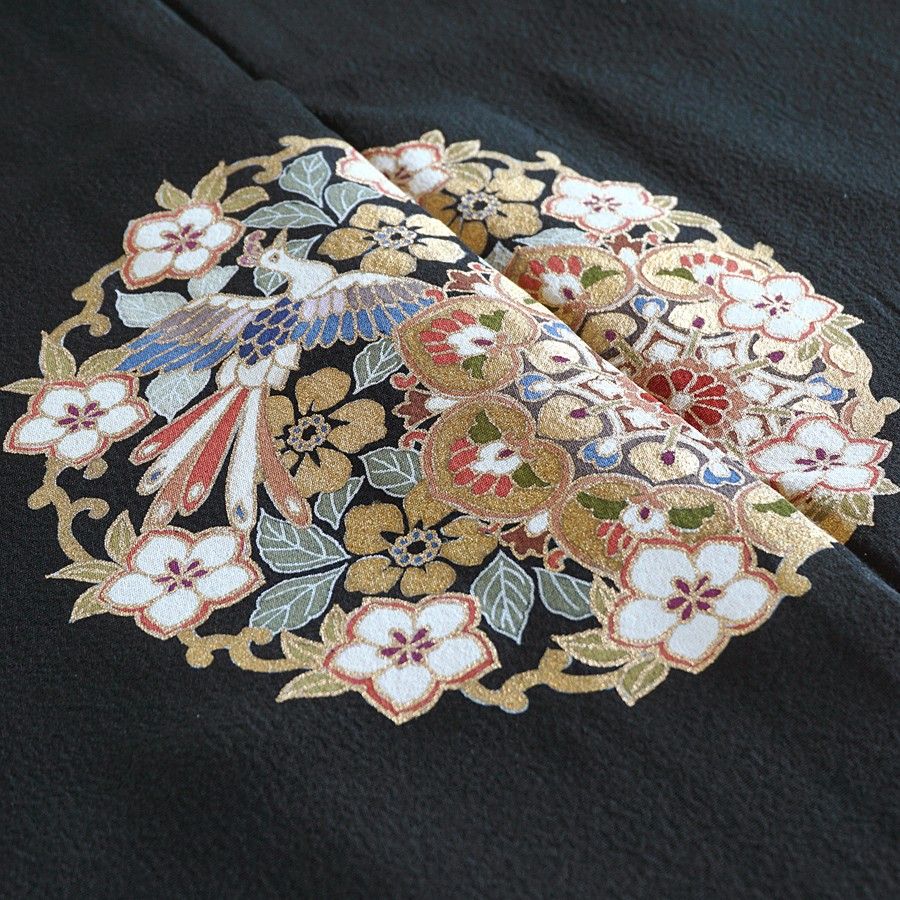 黒留袖 花の丸文 京友禅 濱ちりめん まるまん光彩 仮絵羽 未仕立て