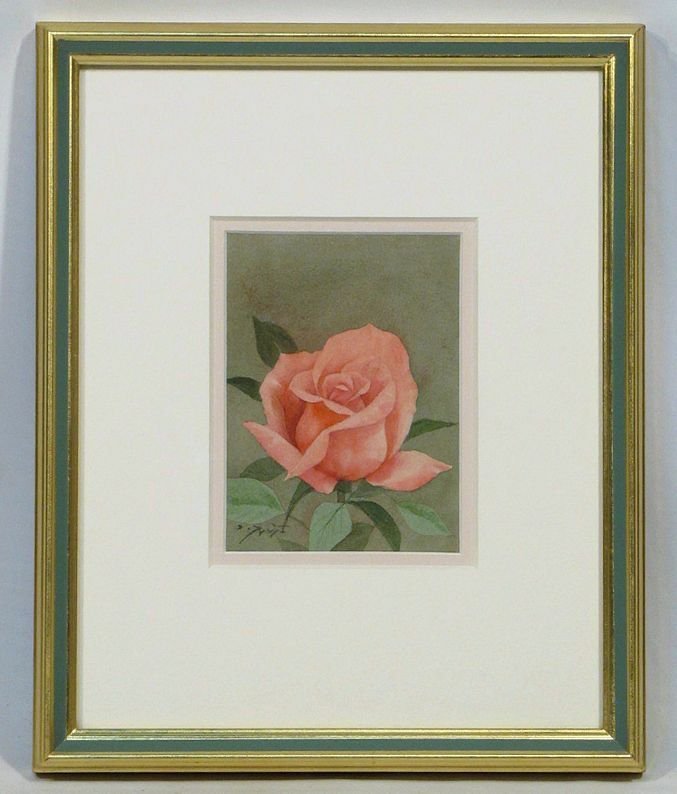 藤井勉 「バラ」 額装 清楚にして愛らしく咲き誇る、紅薔薇一輪、小品