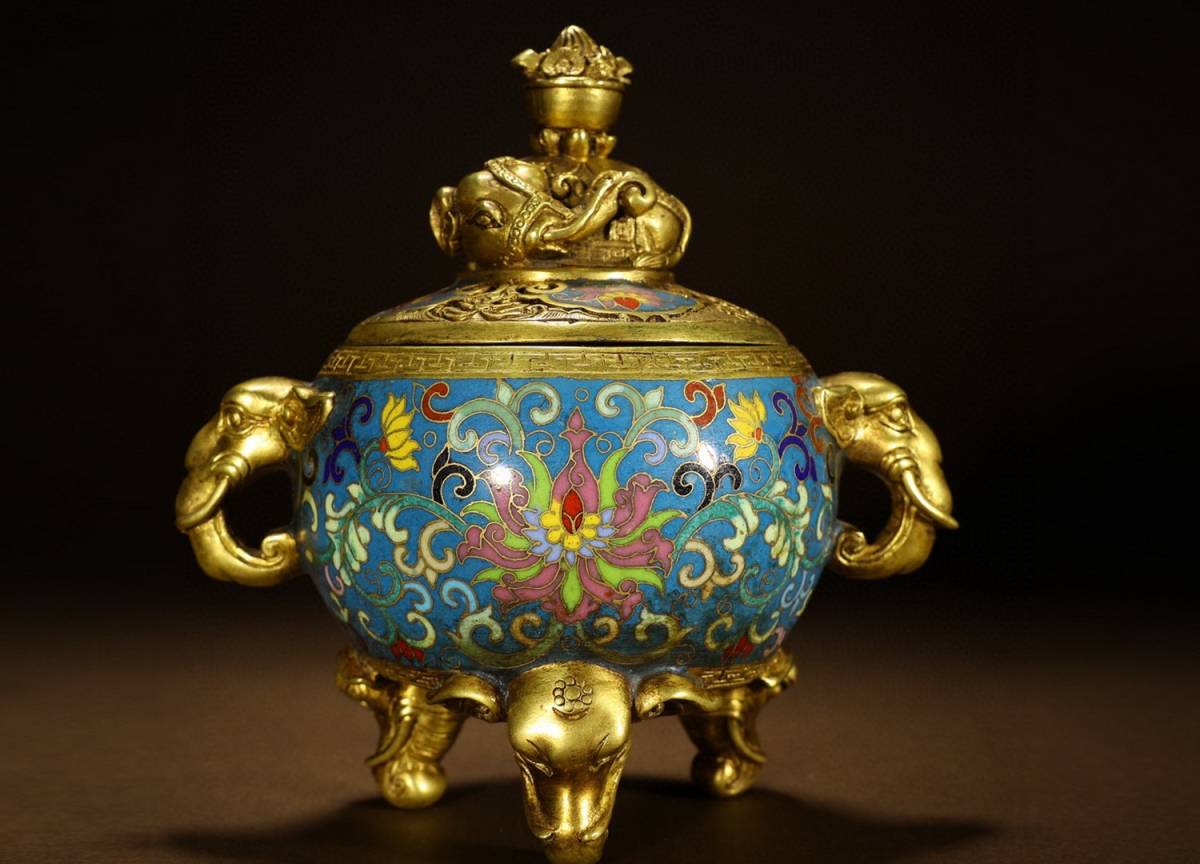 完売】 ◇明神◇極上珍品・中国・清時代乾隆・古銅金・景泰藍象耳香炉