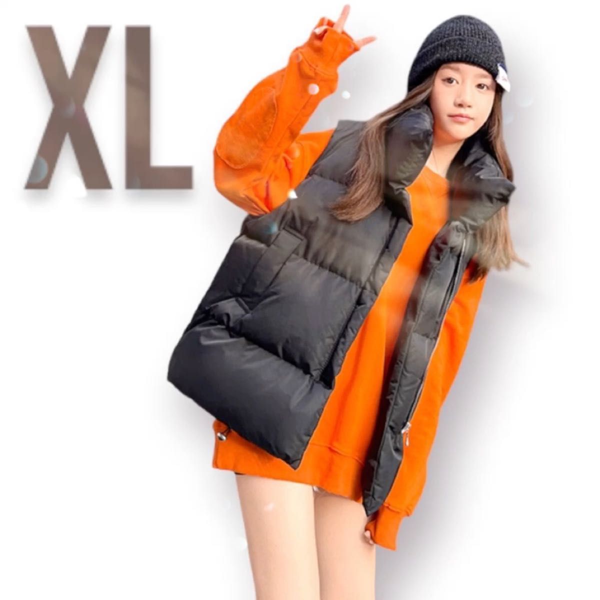 中綿ダウンベスト XLサイズ ブラック 韓国系ファッション ゆったりサイズ 着痩せ効果抜群体型カバー