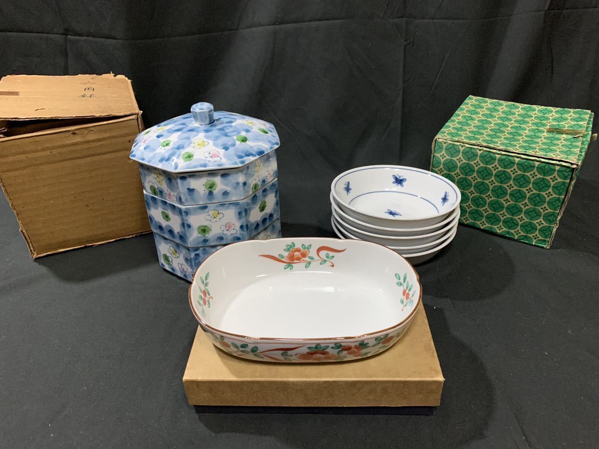 たち吉など和食器三点セット/橘吉/陶器中仕切三段重/小蝶柄小鉢染付五