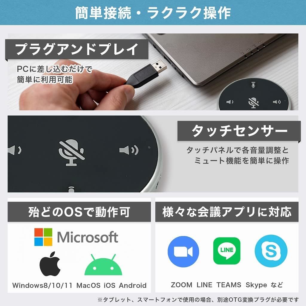 マイクスピーカー 会議用 スピーカーフォン 小型 軽量 USB接続 有線 リモート会議 WEB会議 リモートワーク 簡単接続 ZOOM 【ゆとりふ】_画像5