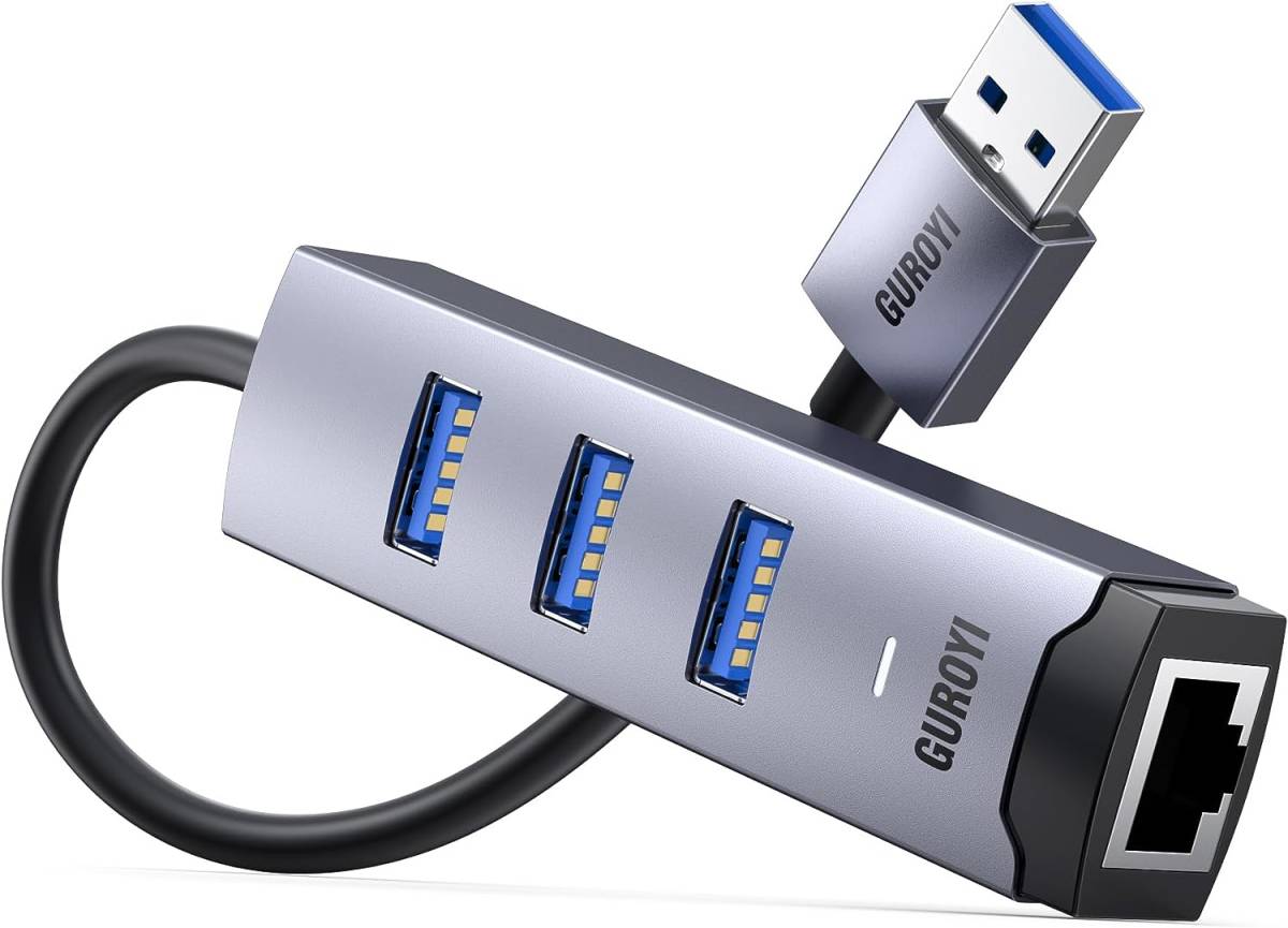 GUROYI USB 3.0 LAN 変換アダプター 4-in-1 USB 3.0 ハブ 4ポート 【1000Mbps/1Gbps高速通信、3つのUSB-A 3.0ポート】 （PVC ケーブル）