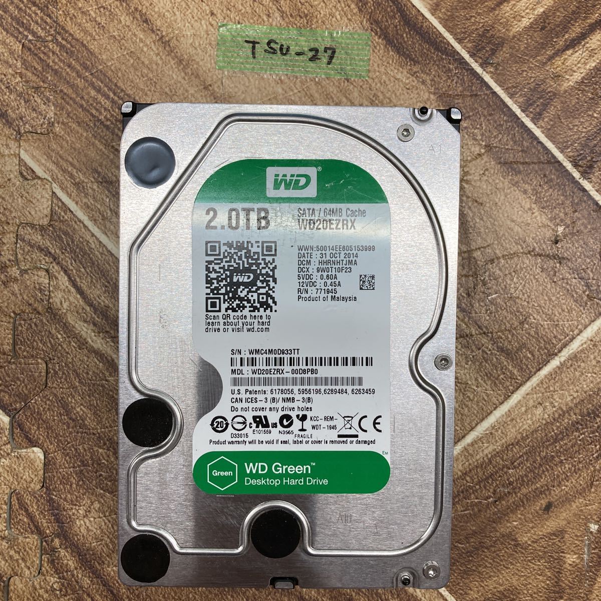 TSU-27 激安 HDD 2TB 3.5インチ SATA 内蔵HDD WDC WD20EZRX-00D8PB0 Crystaldiskinfoにて正常品 中古_画像1