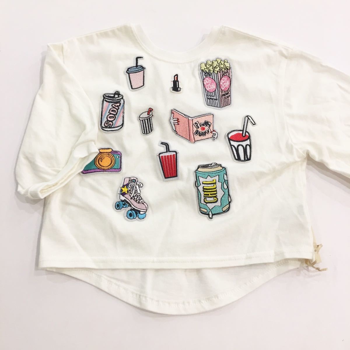 [* with defect new goods ]UNICA Uni ka tops 5 minute sleeve embroidery badge american eggshell white Kids 110cm puff sleeve wide T-shirt 