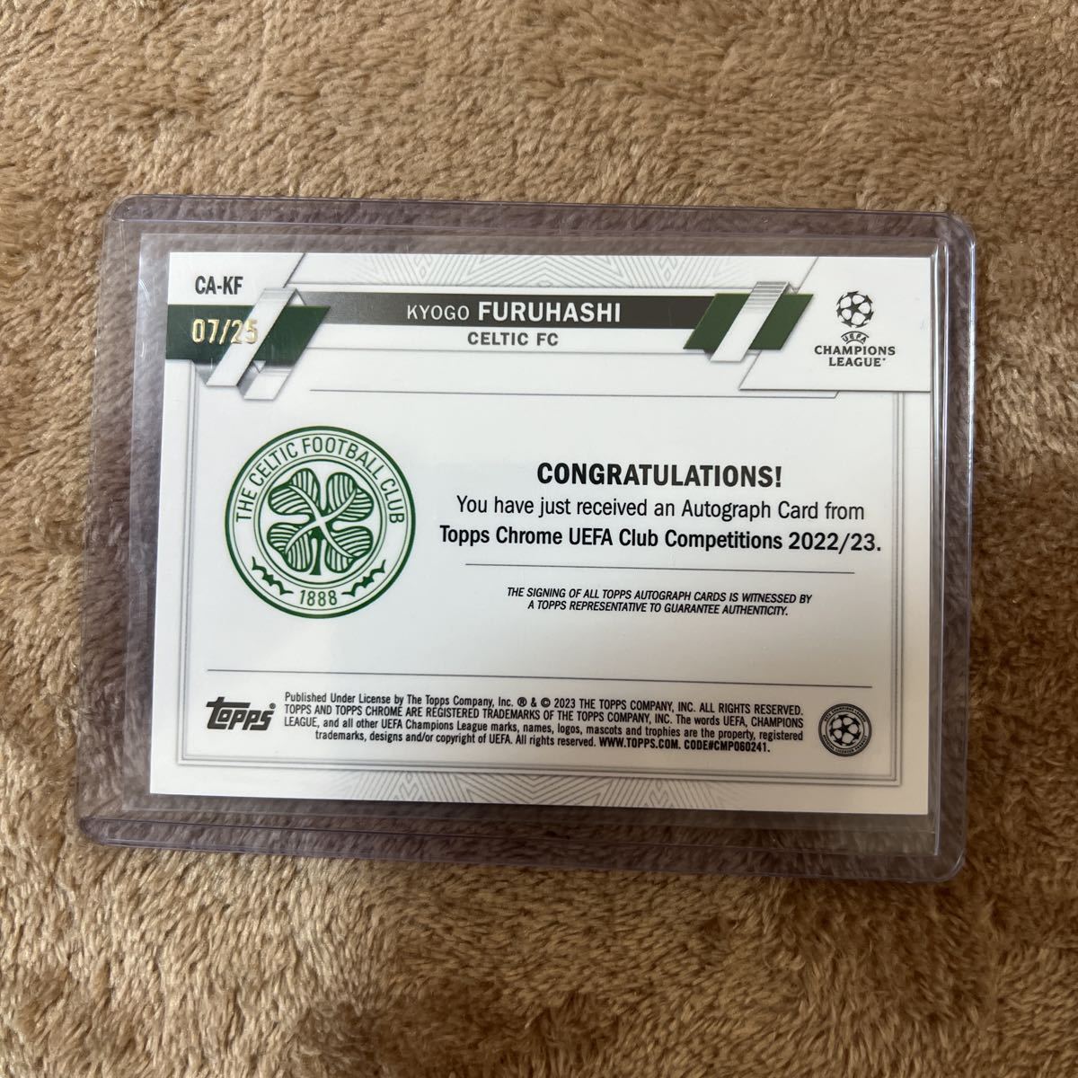 1円〜　古橋亨梧 Kyogo Furuhashi - Topps Chrome UCC 2022/2023 Auto Autographs Orange 25シリ激レア 07/25 直筆サインカード Celtic FC_画像2