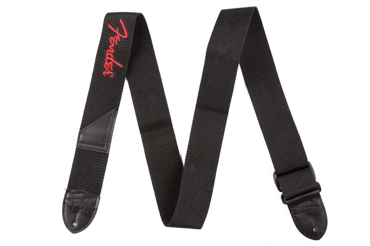 FENDER BLACK POLYESTER LOGO STRAPS フェンダー ロゴ入り Red エレキギター アコースティックギター ストラップ ピックポケット付き_画像1