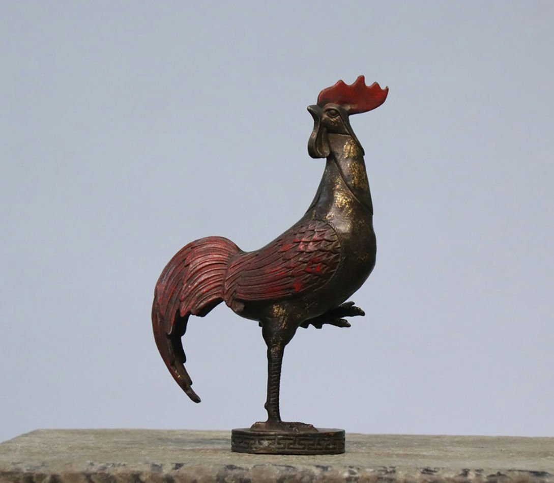 錦間】蔵出し品R135清時代銅塗金彫金鶏銅塗金古置物超絶技巧細工彫刻