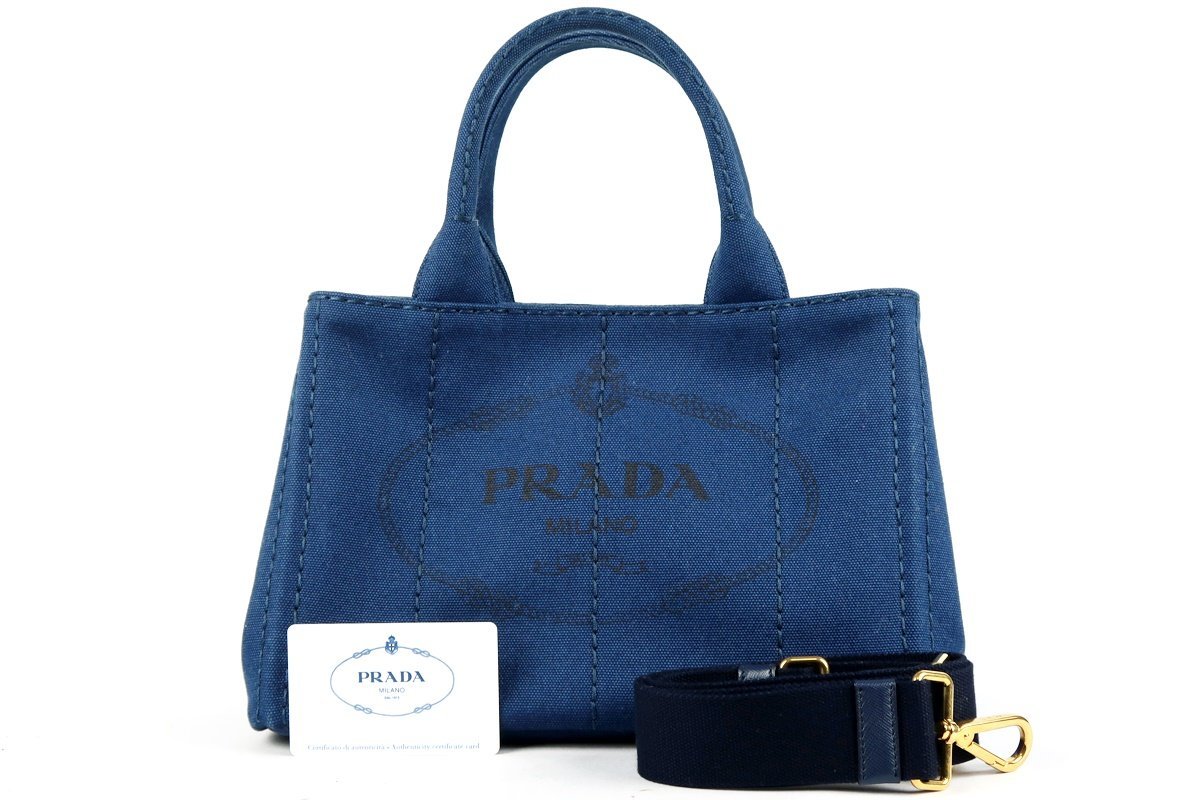 【超美品】PRADA プラダ カナパ デニム 2WAYショルダー ハンドバッグ ブルー×ゴールド金具 レディース鞄【MN18】_画像1