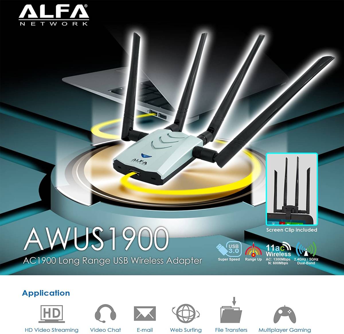 【即決 送料無料 匿名配送】ALFA NETWORK ★ALFA AWUS1900 a/b/g/n/ac無線LAN USBアダプター Windowds Mac Kali Linux 対応_画像3