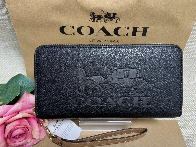 コーチ COACH 長財布 財布 アコーディオン ラウンドファスナー ホースアンドキャリッジ 馬車柄 リストレット付 ブラック 新品125 C3548