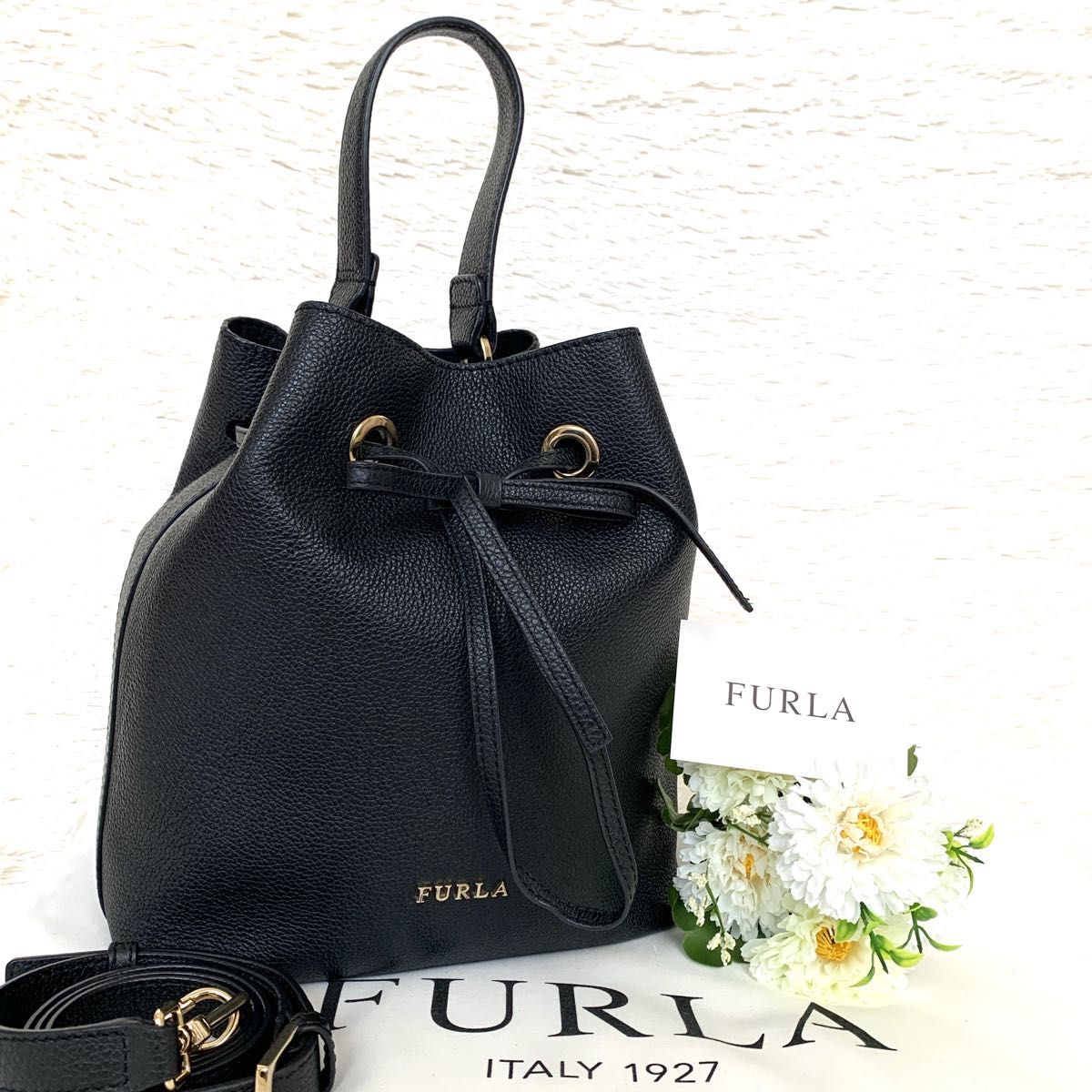 美品★フルラ FURLA コスタンザ 巾着 ショルダーバッグ 2way ブラック 黒 レザー シボ革 ハンドバッグ トートバッグ